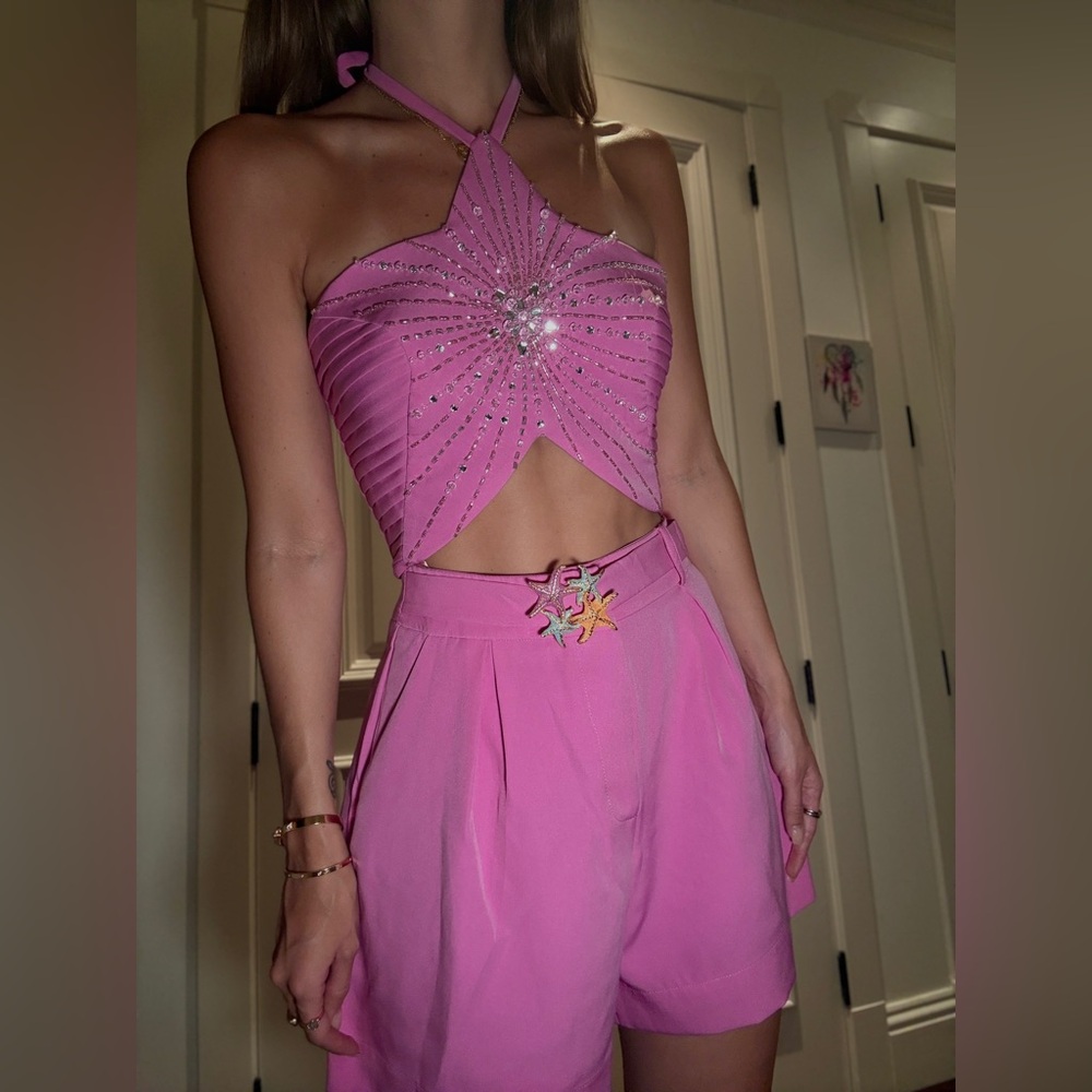 PatBO Vick Pink Star Embellished Crop Top & Pleated Shorts Set
